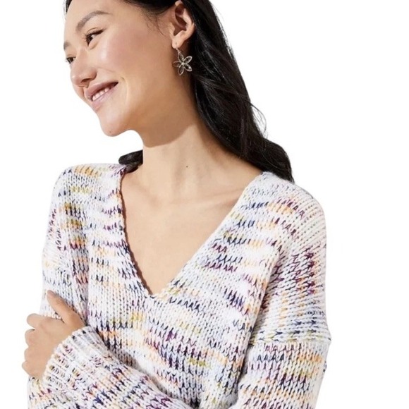 LOFT Sweater Multicolor Size L Spacedye Double V Chunky Knit Oversized - Picture 9 of 11
